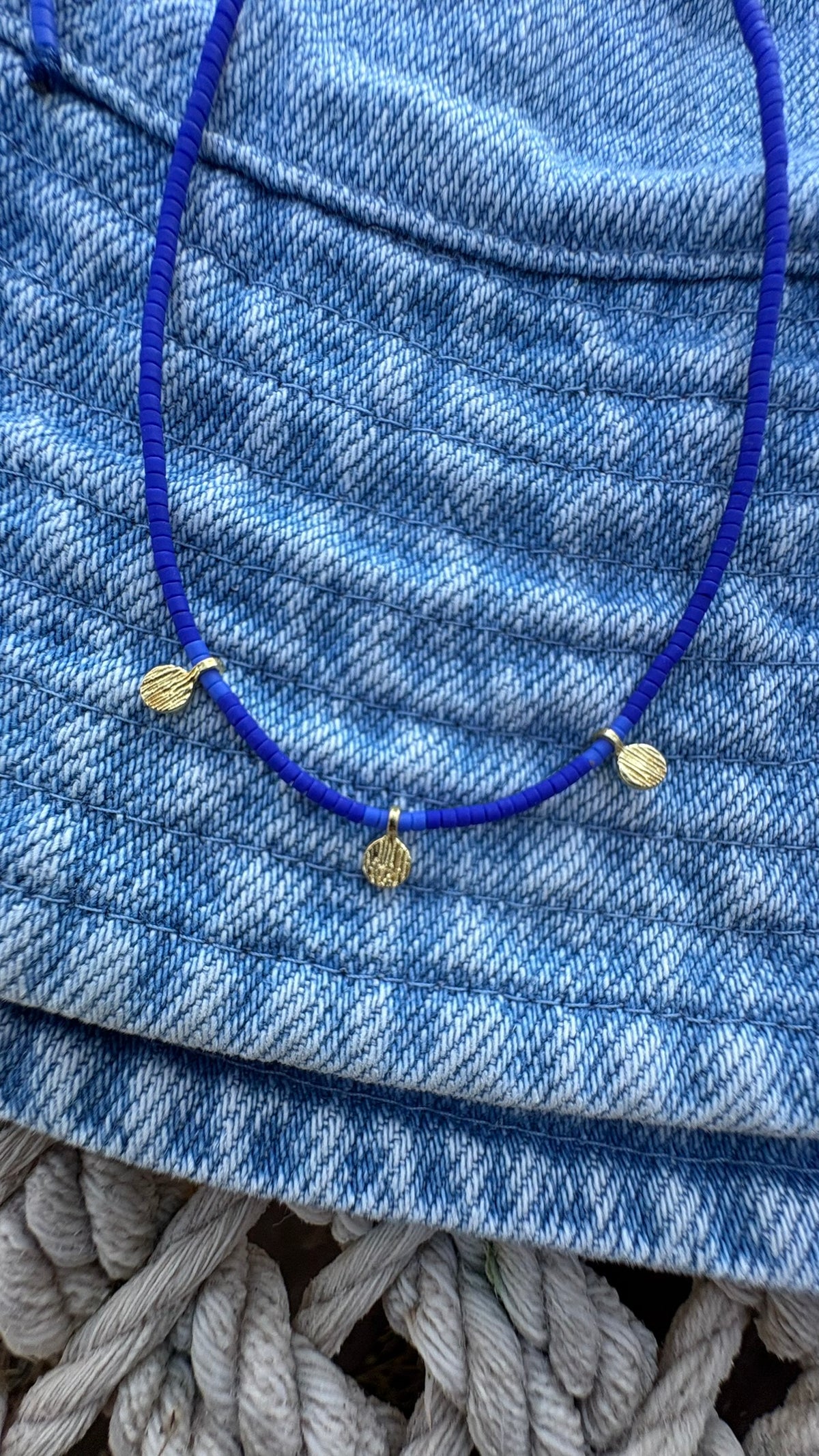 Cobalt Blue Miyuki Beaded Necklace with Gold-Plated Silver Charms
