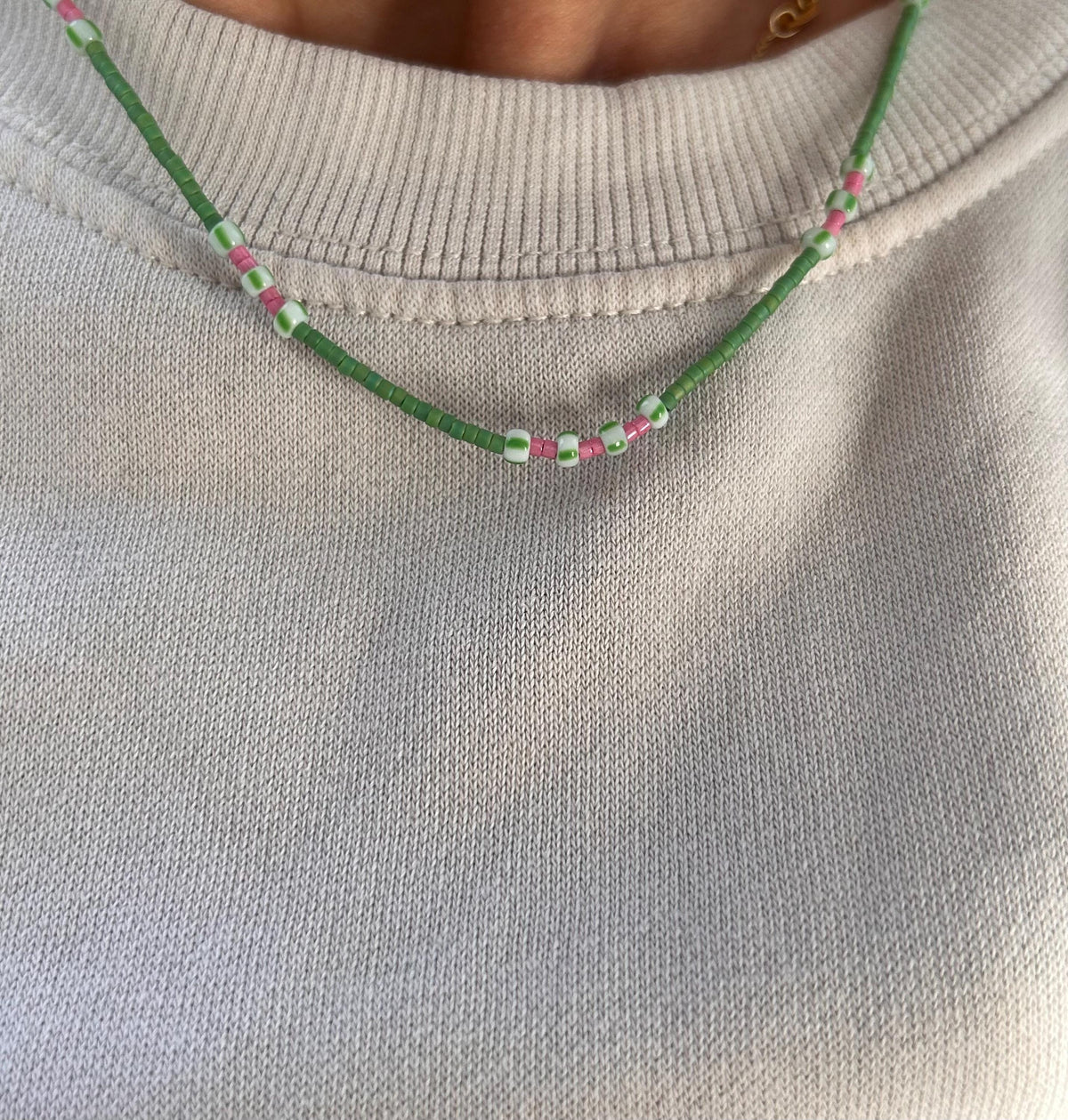 Green Miyuki and striped glass necklace — Koï Design handmade necklace, photo 1