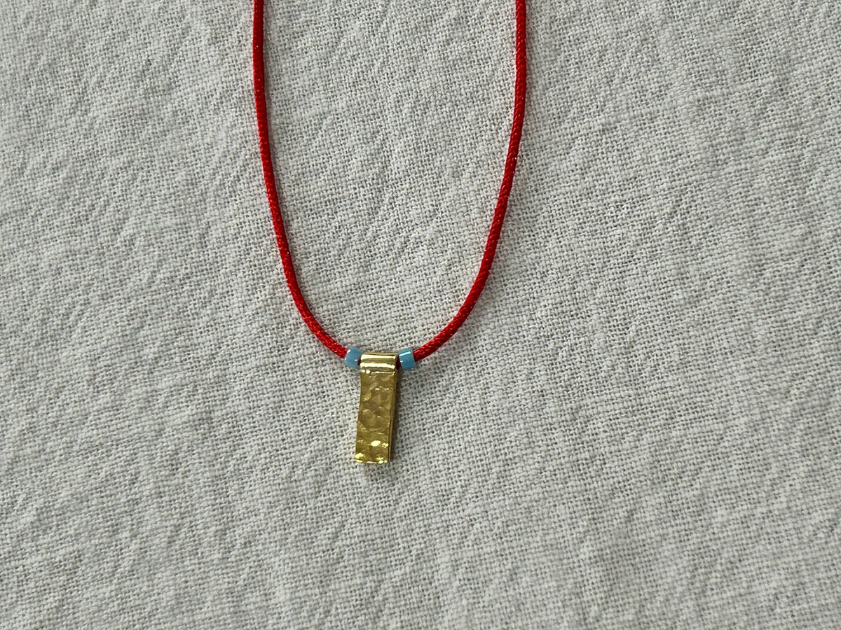 Red string necklace with a gold-plated charm and blue Miyuki — Koï Design handmade necklace, photo 1