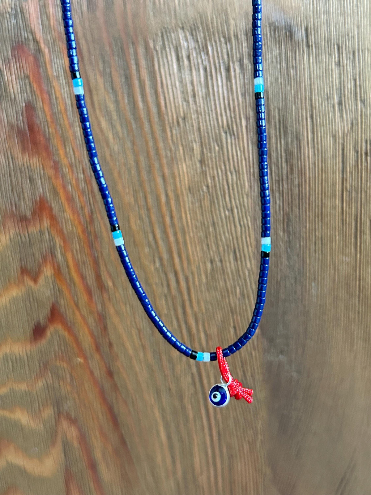 Evil-eye Miyuki necklace on a red string — Koï Design handmade necklace, photo 4
