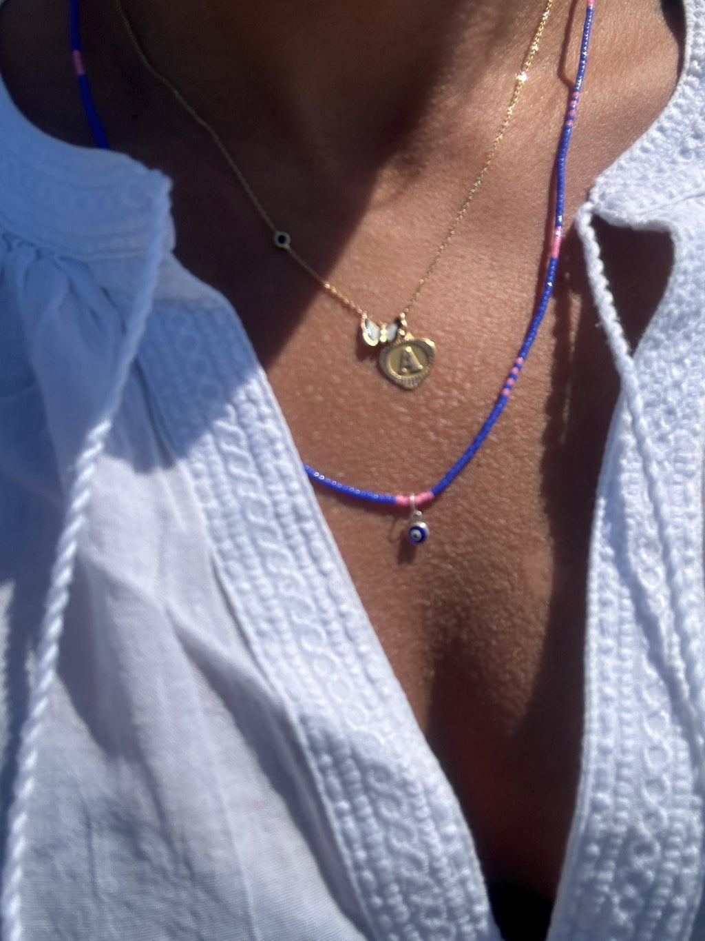 Blue and pink Miyuki necklace with a silver evil eye — Koï Design handmade necklace, photo 2