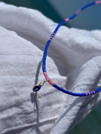 Blue and pink Miyuki necklace with a silver evil eye — Koï Design handmade necklace, photo 8
