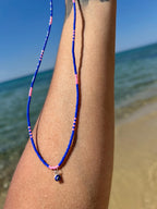 Blue and pink Miyuki necklace with a silver evil eye — Koï Design handmade necklace, photo 9