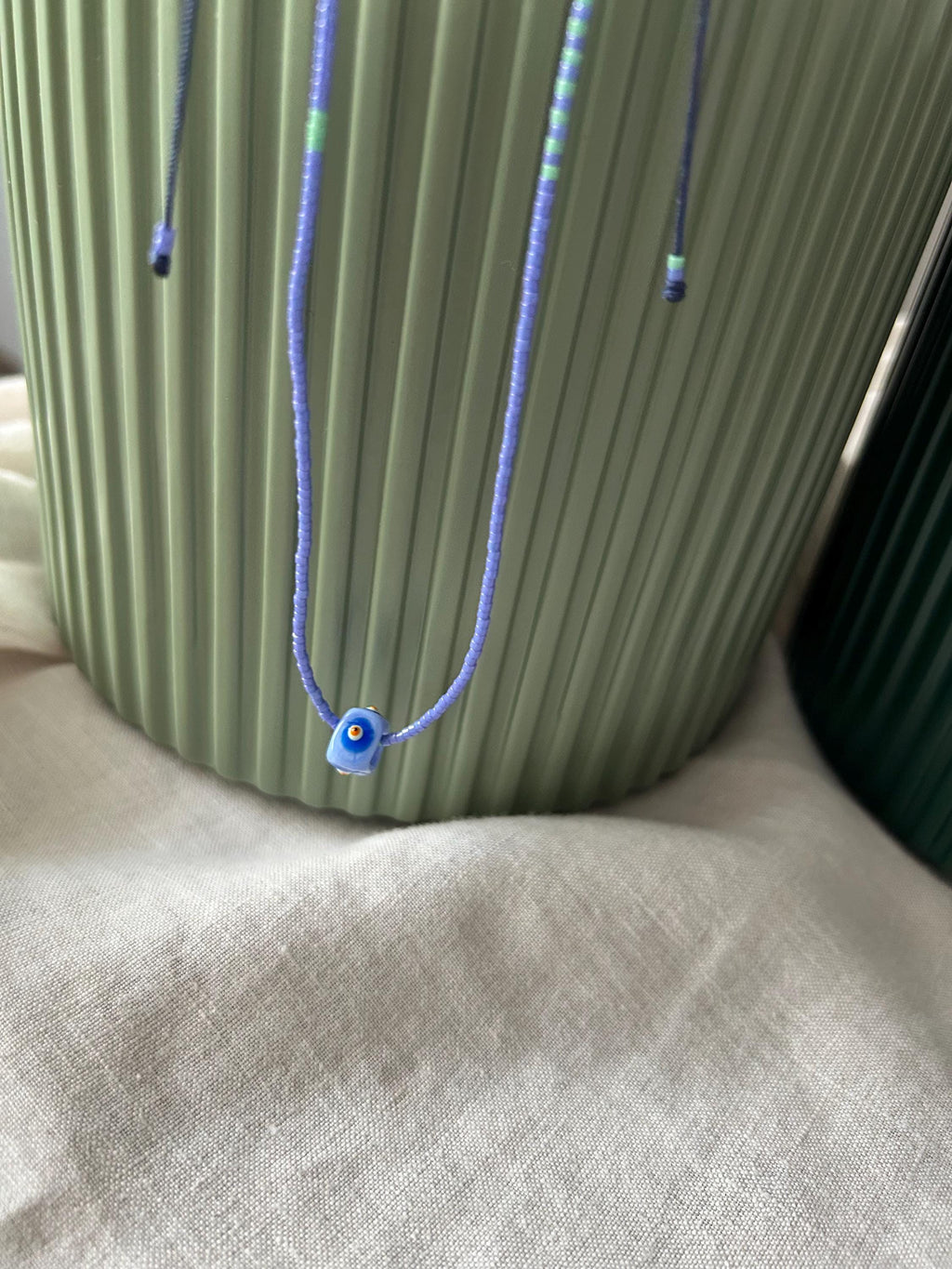 Lilac and mint Miyuki necklace with a glass evil eye — Koï Design handmade necklace, photo 1