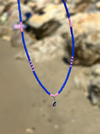 Blue and pink Miyuki necklace with a silver evil eye — Koï Design handmade necklace, photo 1