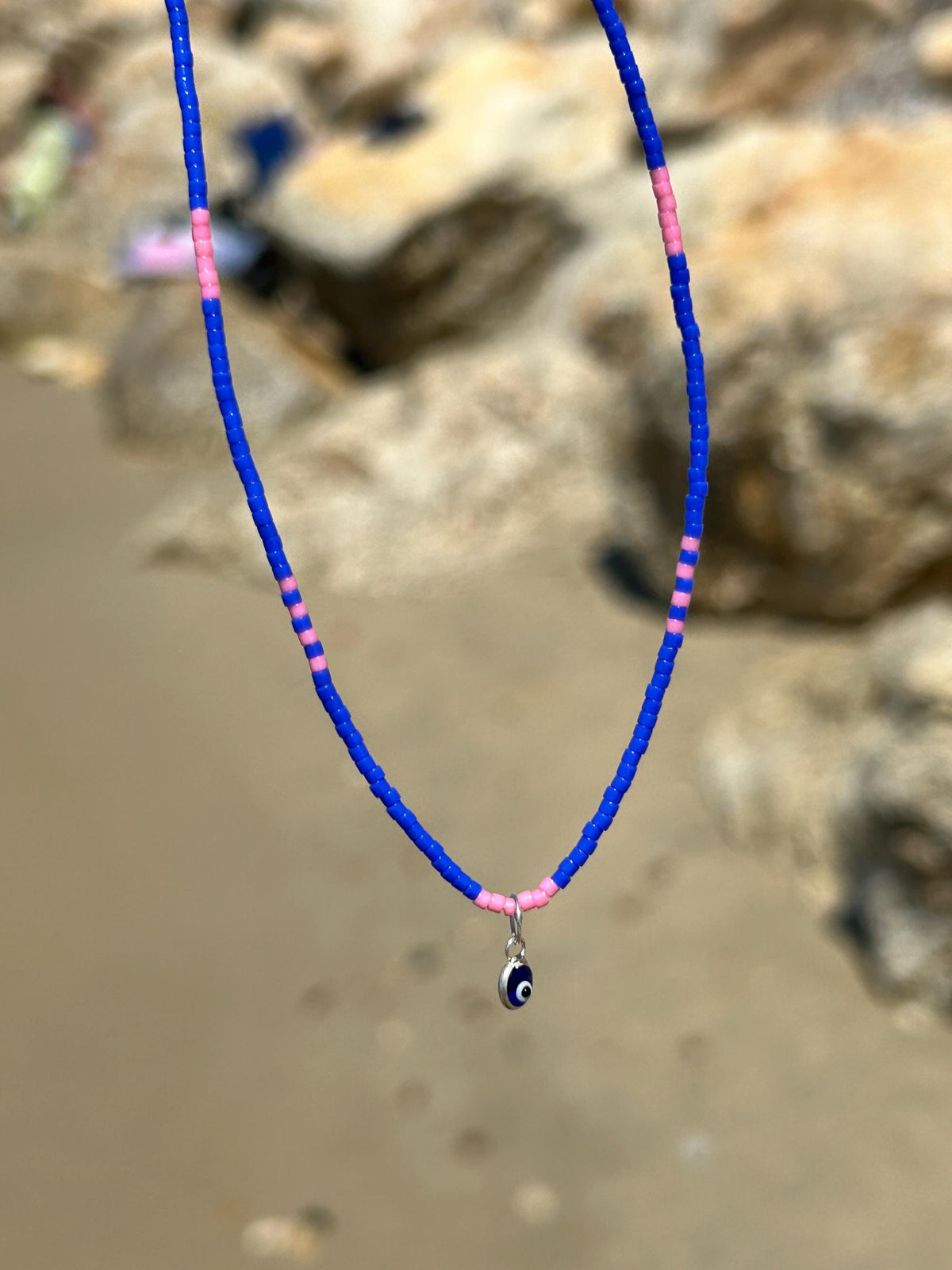 Blue and pink Miyuki necklace with a silver evil eye — Koï Design handmade necklace, photo 1