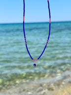 Blue and pink Miyuki necklace with a silver evil eye — Koï Design handmade necklace, photo 3