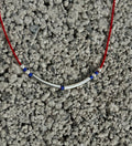 Red string necklace with silver tubes and blue Miyuki — Koï Design handmade necklace, photo 1