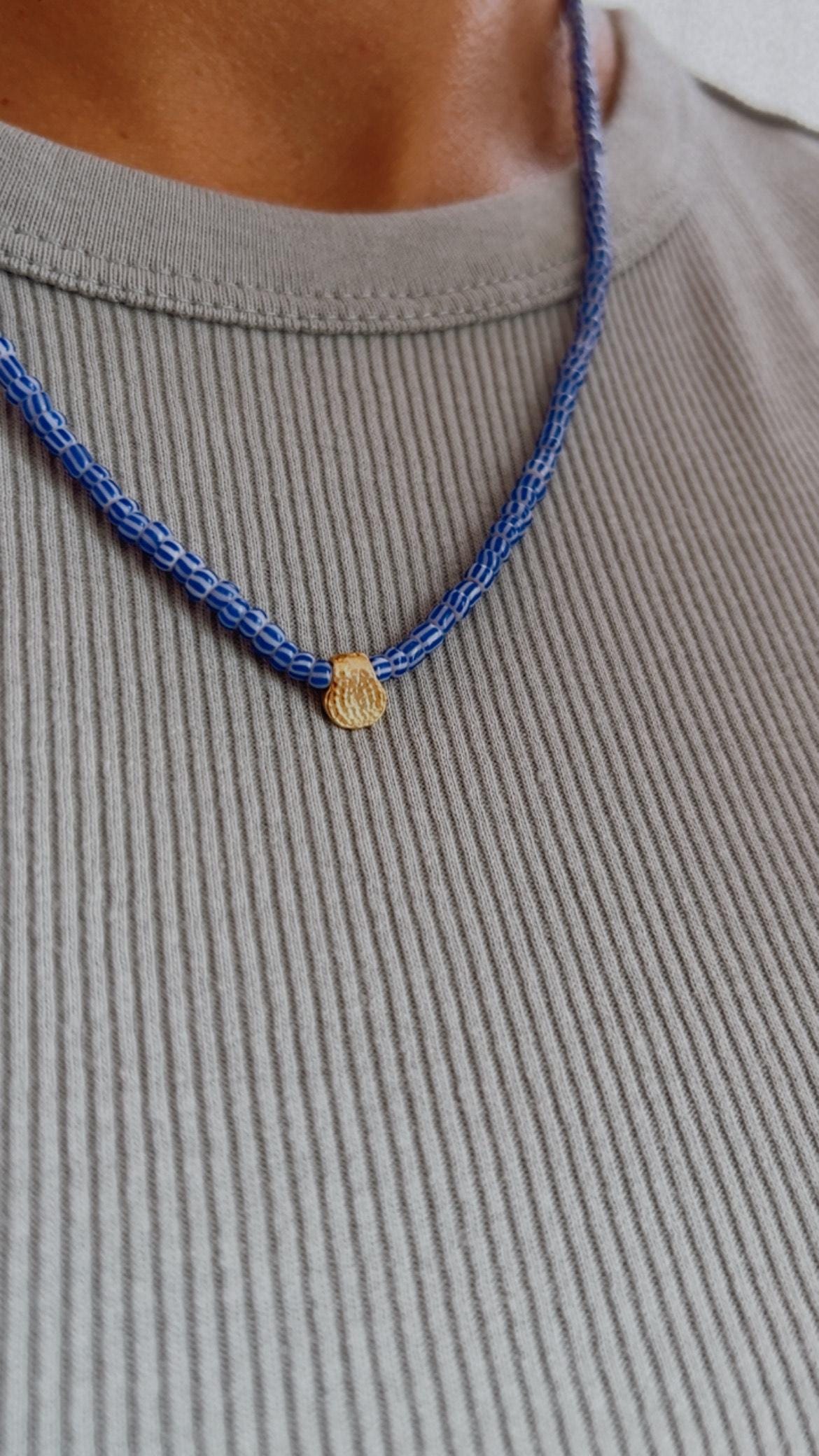 Blue striped glass necklace with a gold-plated charm — Koï Design handmade necklace, photo 2
