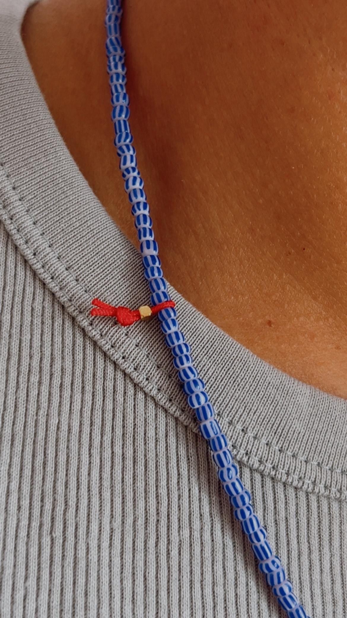 Blue striped glass necklace with a gold-plated charm — Koï Design handmade necklace, photo 3