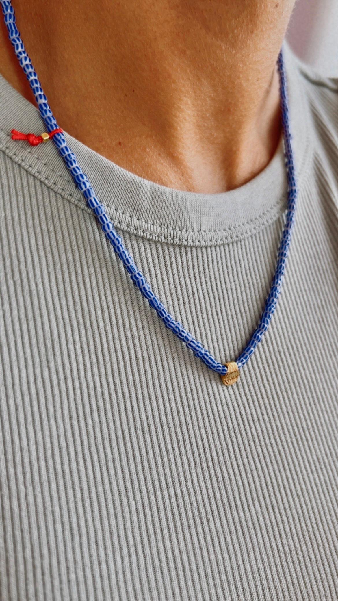 Blue striped glass necklace with a gold-plated charm — Koï Design handmade necklace, photo 1