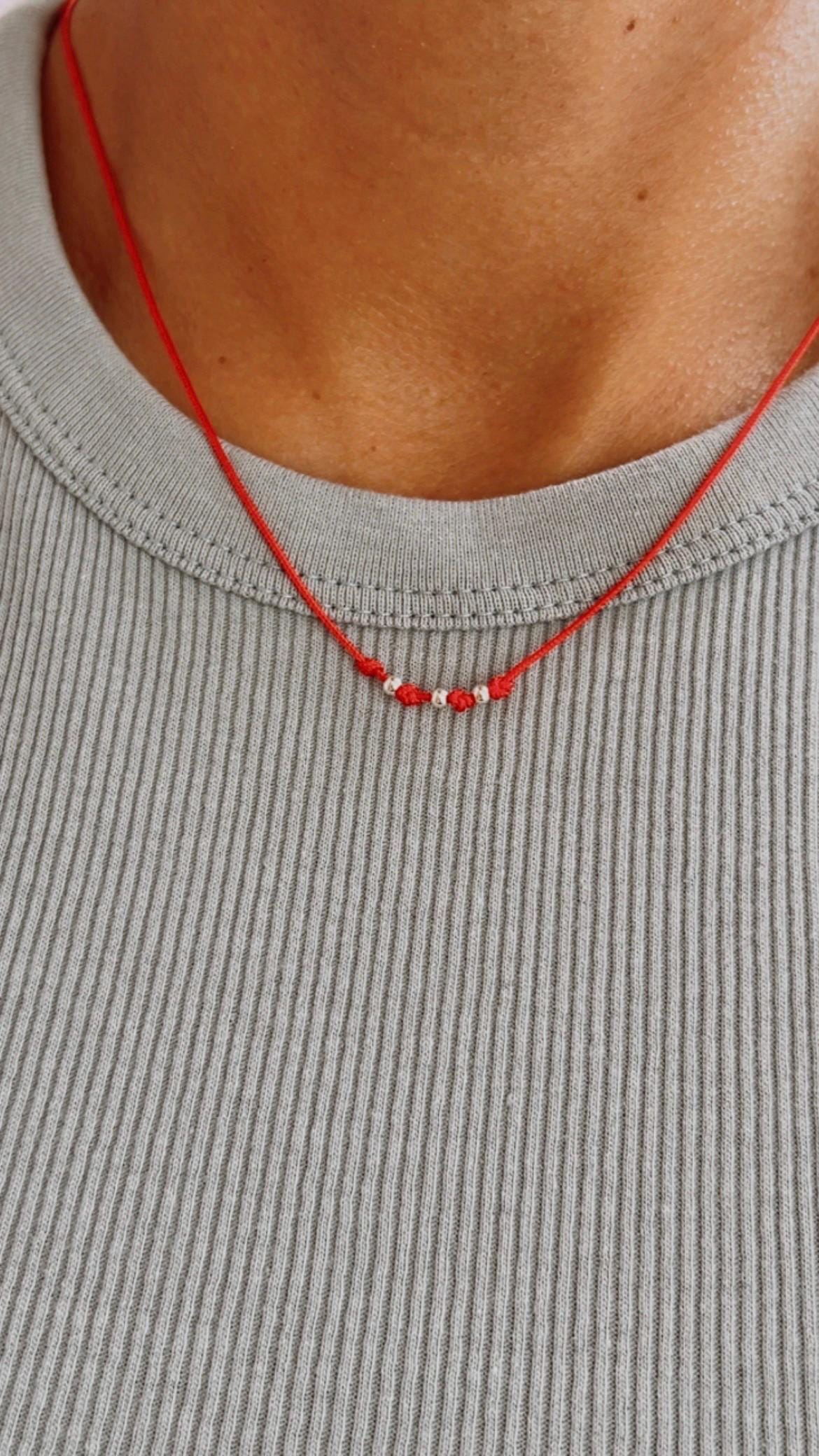 Red string kabbalah necklace with silver beads — Koï Design handmade necklace, photo 1