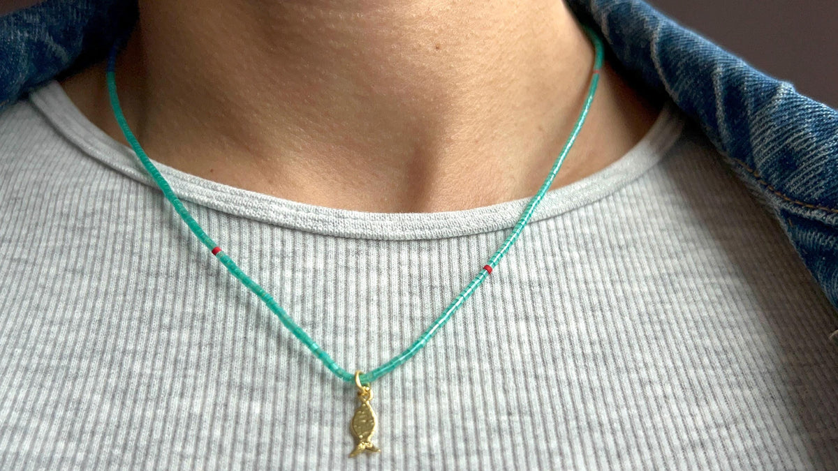 Miyuki necklace with a gold-plated fish charm — Koï Design handmade necklace, photo 1