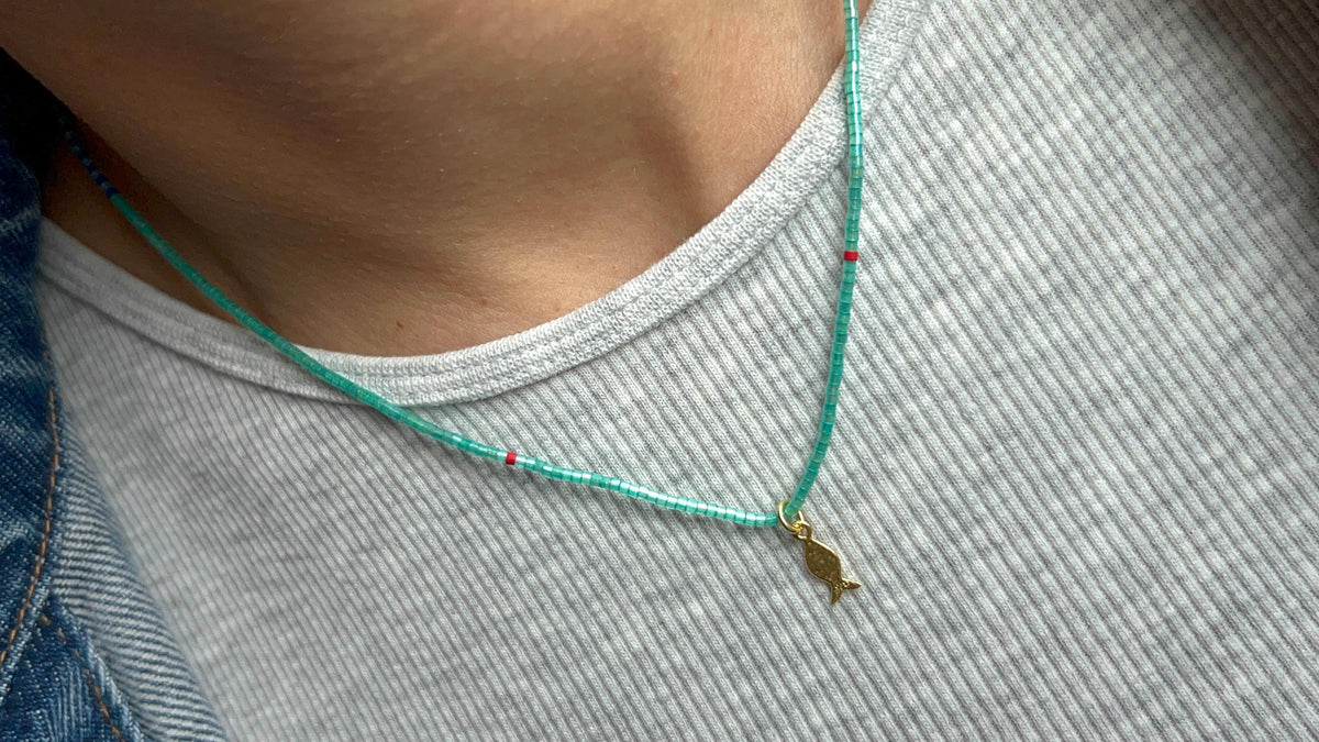 Miyuki necklace with a gold-plated fish charm — Koï Design handmade necklace, photo 2
