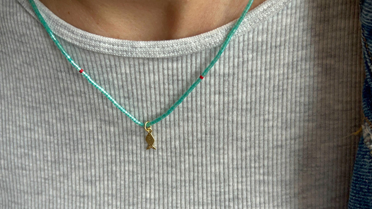 Miyuki necklace with a gold-plated fish charm — Koï Design handmade necklace, photo 4